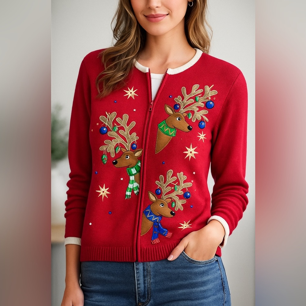 Tiara International Christmas Reindeer Zip Cardigan Women’s‎ M Ugly Vintage
